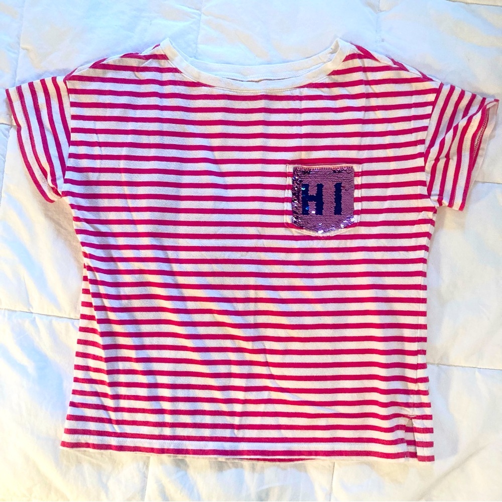 Gap Striped Flip Sequins Picket Tee Pink White Hi Bye